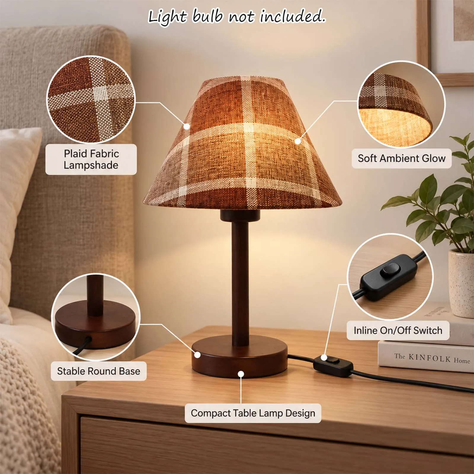 Table Lamp, Brown Plaid Shade, Dark Wood Stem, E27, Farmhouse, Bedroom Bedside Living Room Reading