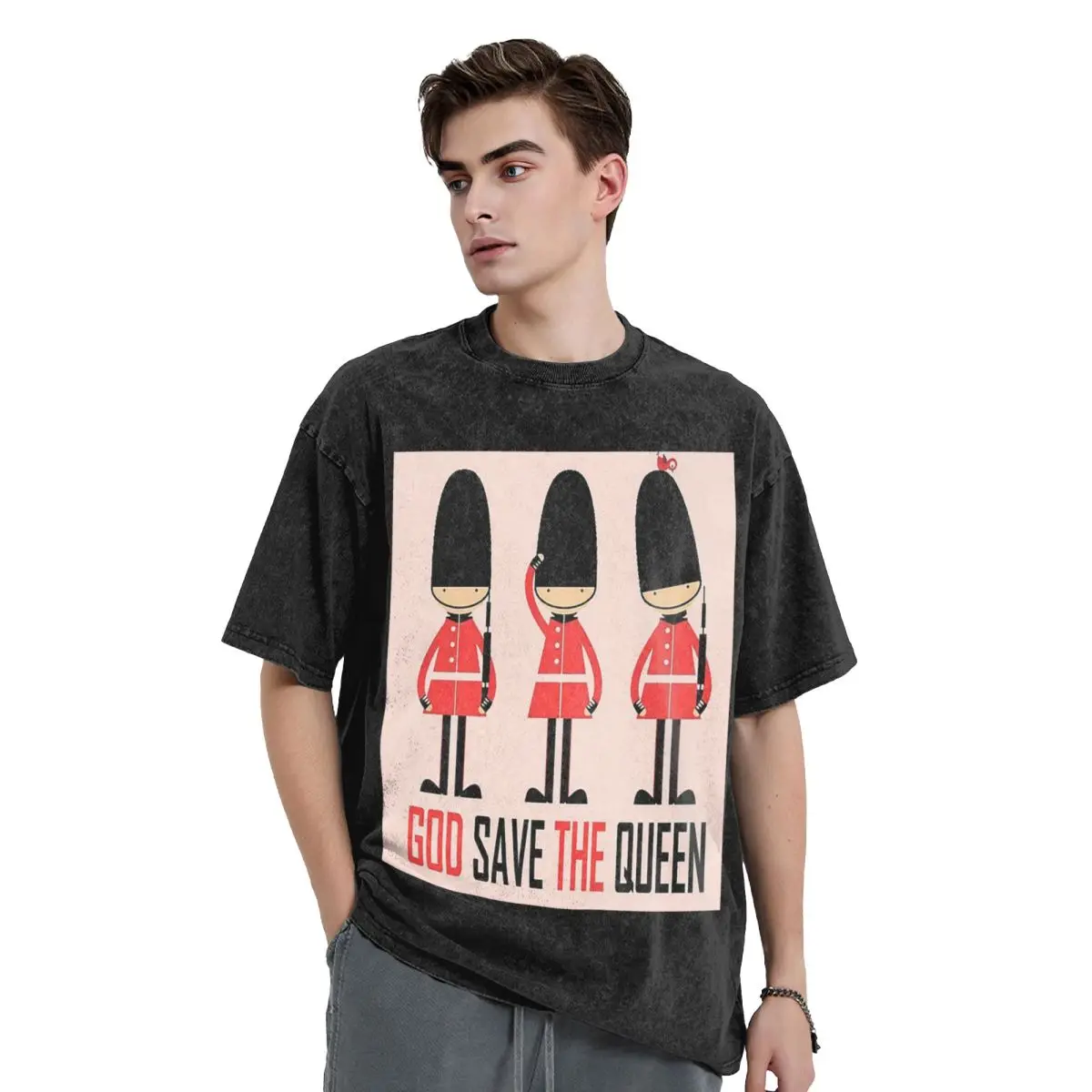 London Queen Guard United Kingdom Soldier Retro British Souvenir UK Washed T Shirts Printed Hip Hop T-Shirt Streetwear Tops Tees
