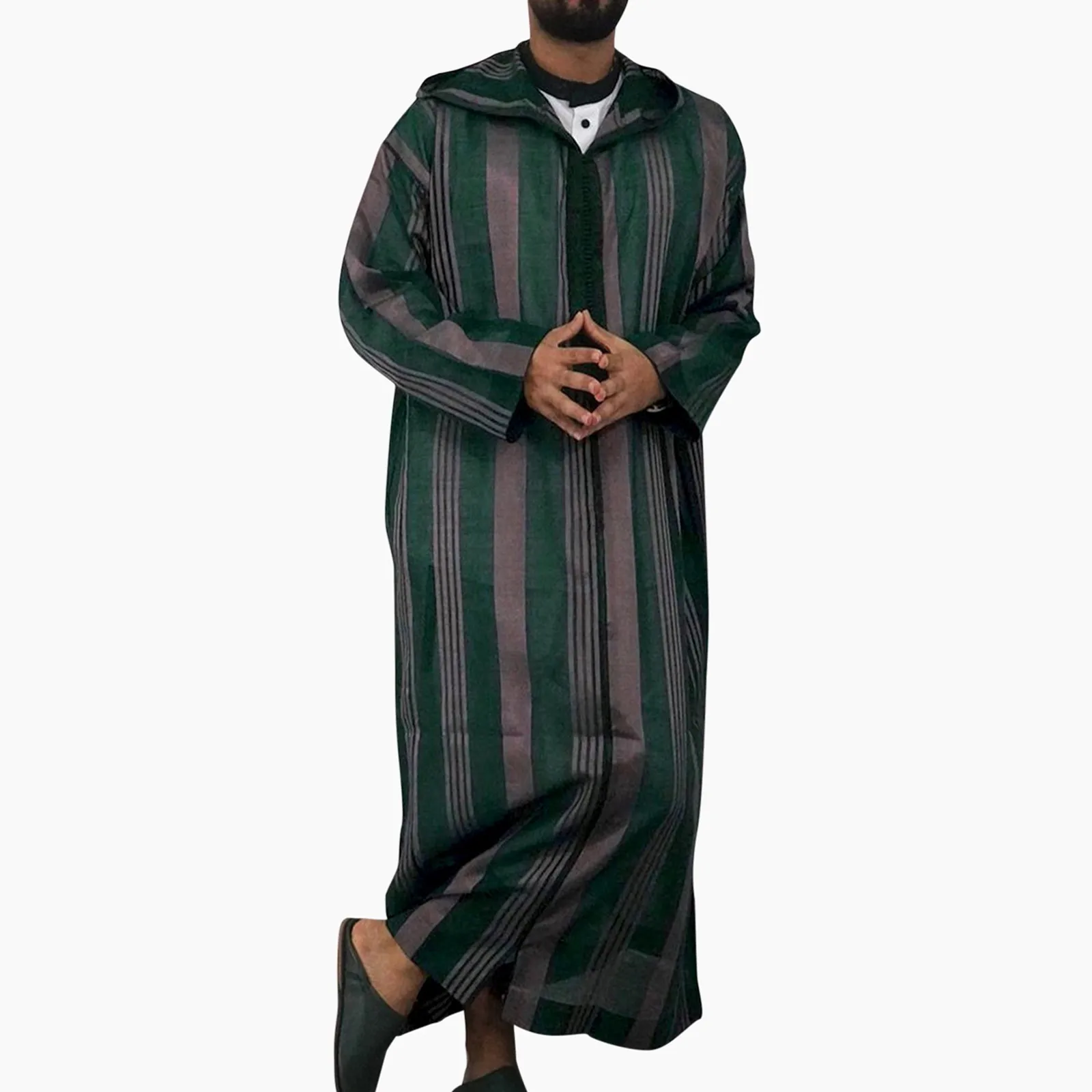 Men\'s Islamic Arabian Patchwork Striped Hooded Zipper Muslim Robe Autumn Streetwear Casual Loose Arabian Islamic Robe 2024 New