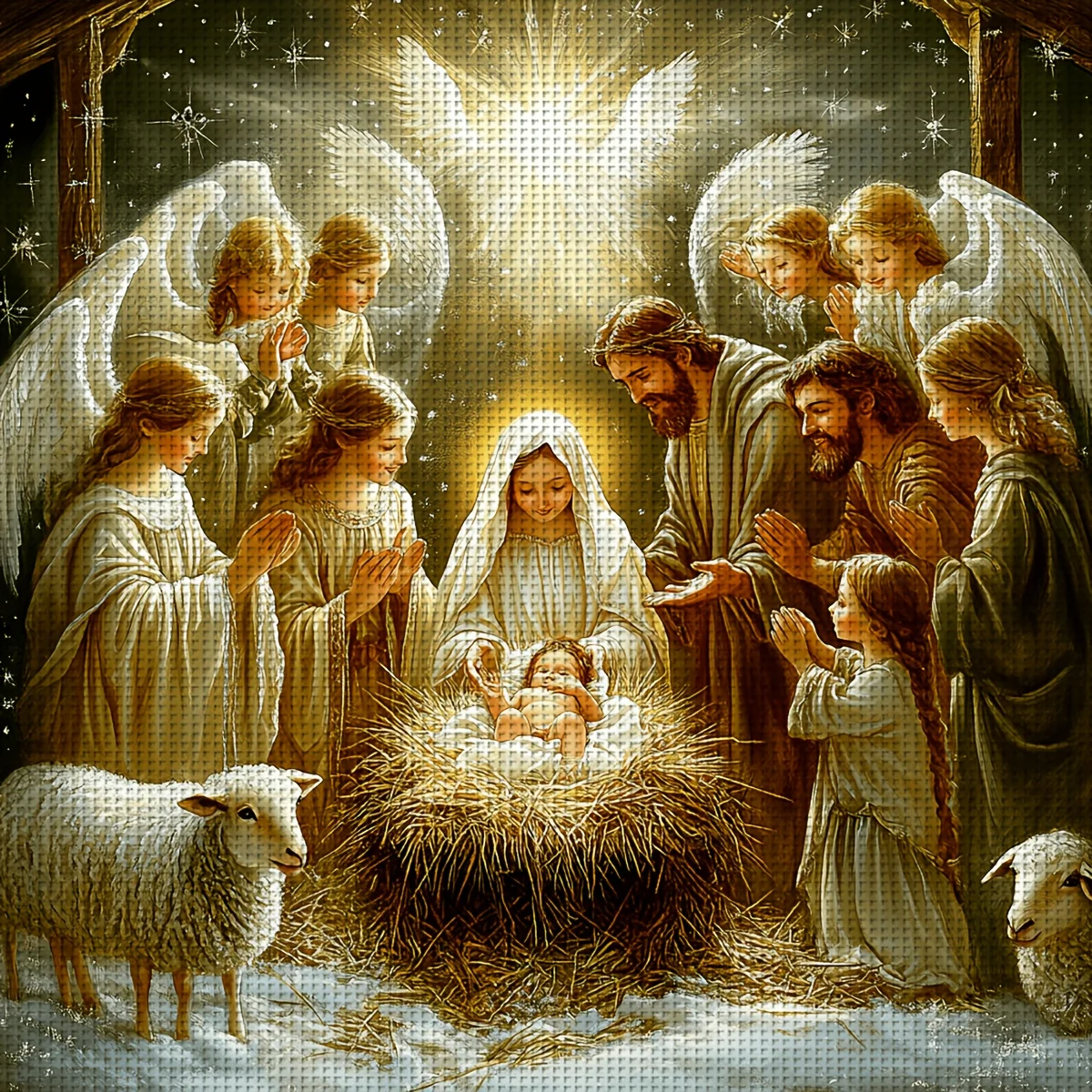 1PC 36X36cm/14.17X14.17inch, 11CT Print Cross Stitch DIY Kit, Nativity Light, Adult Beginner's Relaxed Cross Stitch