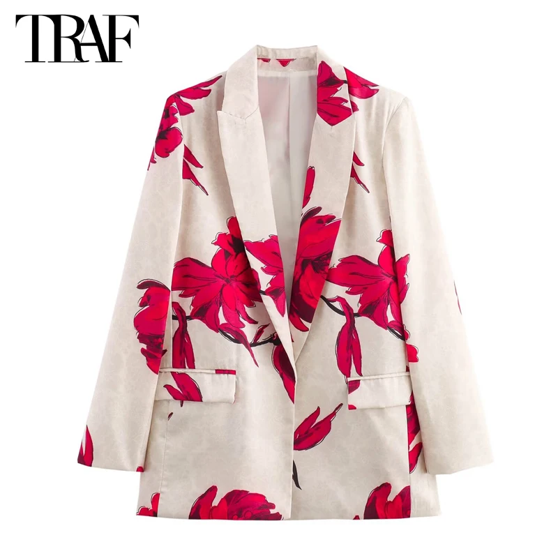 

TRAF Print Women's Tailoring Blazers Satin Long Blazer Woman Long Sleeve Blazers for Women New in Jackets Shoulder Pads Blazer