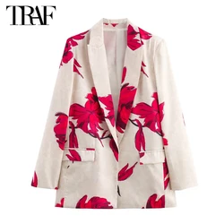 TRAF Print Women's Tailoring Blazers Satin Long Blazer Woman Long Sleeve Blazers for Women New in Jackets Shoulder Pads Blazer