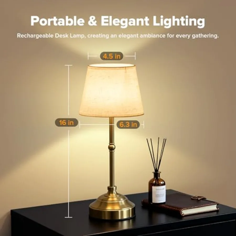 Cordless Table Lamp, Rechargeable Desk Lamp with Fabric Shade, Battery Operated 3 Color Stepless Dimming, Small Touch Bedside L view 3