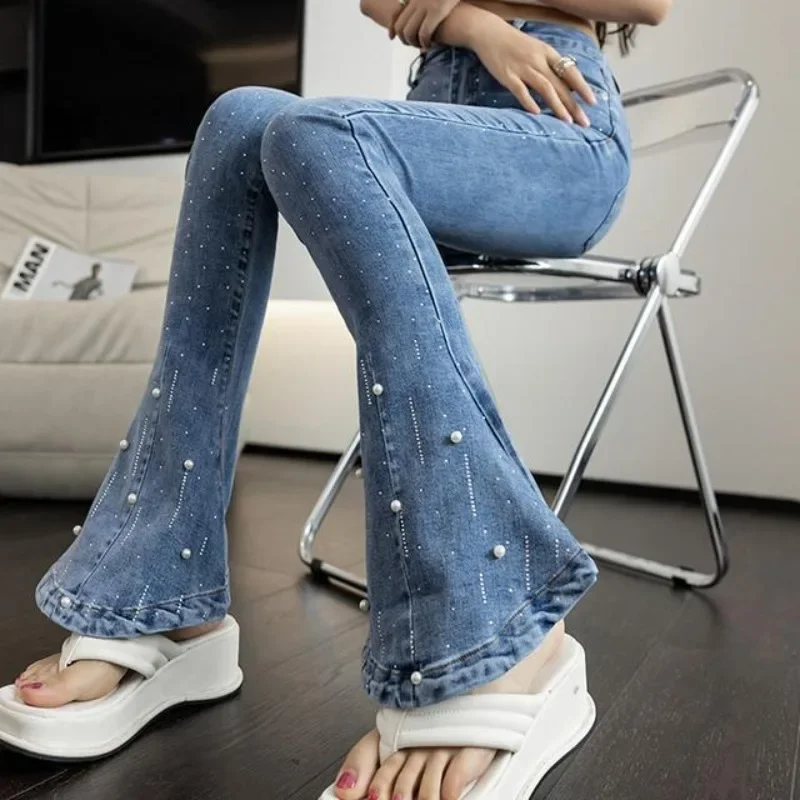 Korean Fashion Nail Bead High Elasticity Jeans 2024 Women's Autumn New Heavy Industry Micro Pull Pants Female Clothing