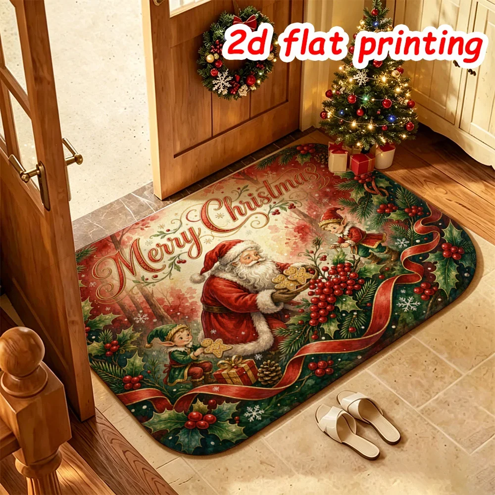 Brown Christmas Doormat Two Santa Claus Snowman Area Rug Festive Tree Large Gift Box Floor Mat Holiday Winter Welcome Rug