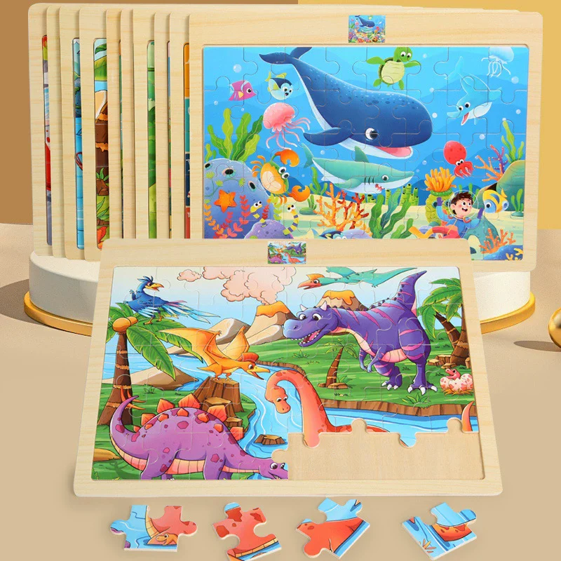 Puzzle en bois 3D Montessori de 40 pièces, animaux de dessin animé, lettres, chiffres, jeu de puzzle en bois, jeu de société, jouets éducatifs