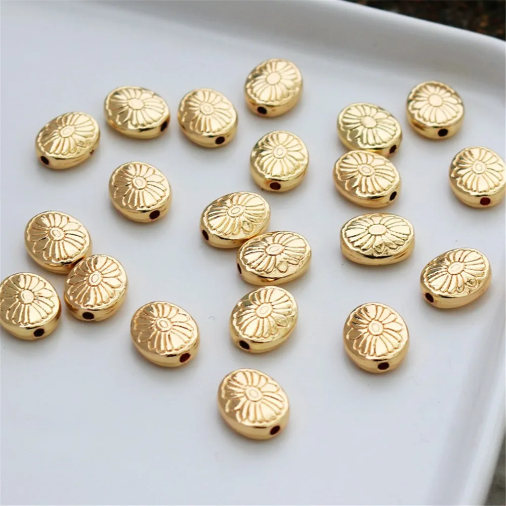 10pcs 14K Gold Package Double-sided Pattern Oval Turtle Surface, 10*12mm, Through-hole Beaded Accessories, DIY Jewelry Materials