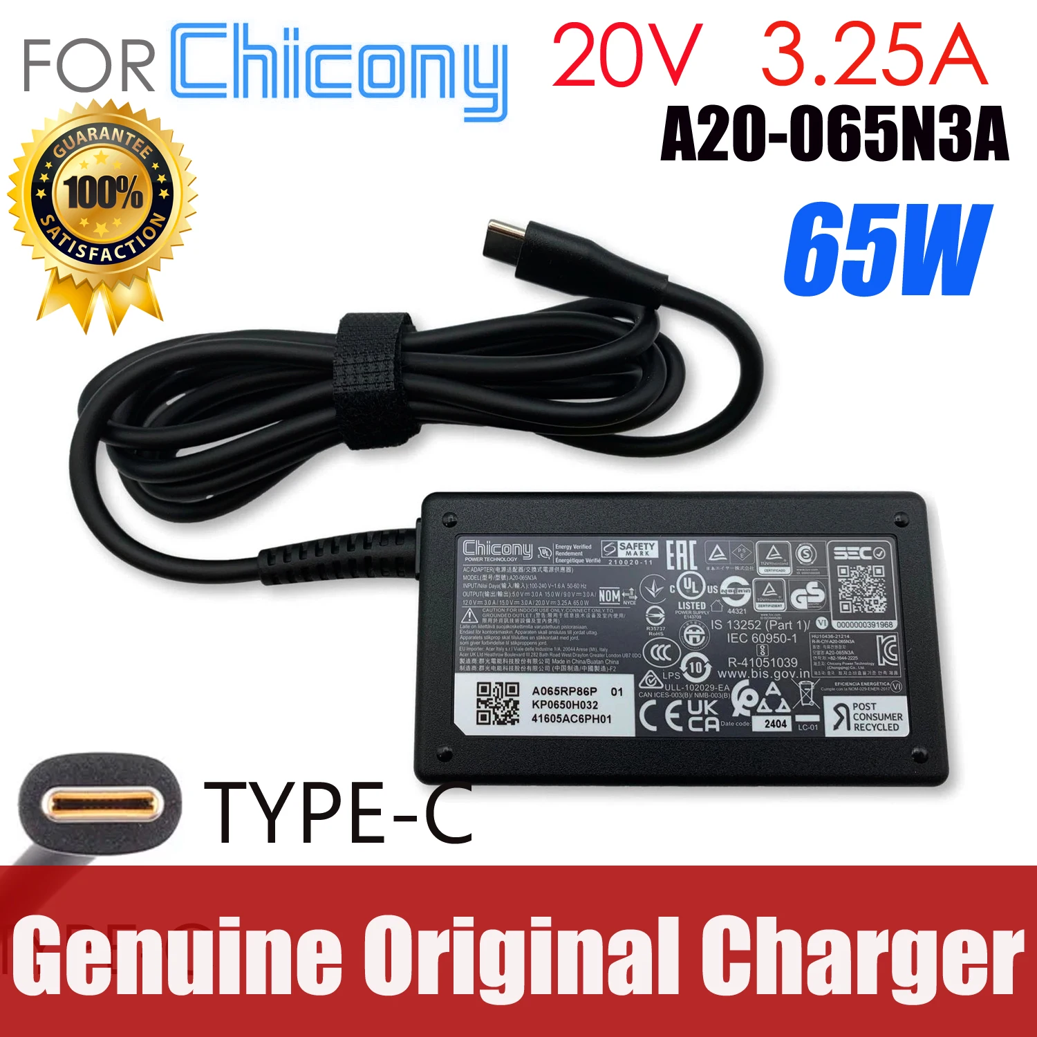 

Genuine Chicony A20-065N3A W21-065N2C AC Adapter 20V 3.25A Laptop Charger USB-C Type C Power Supply