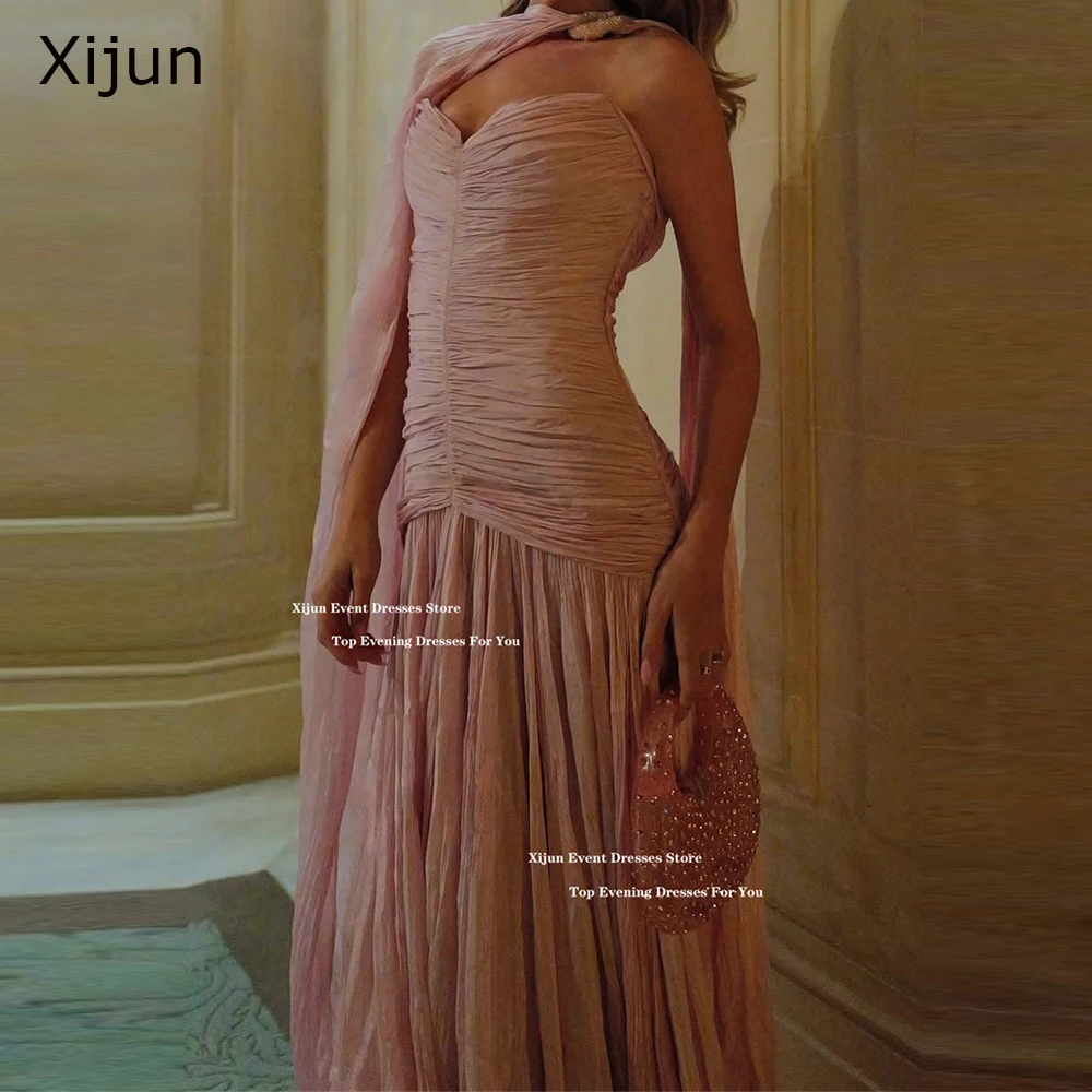 

Xijun Elegant Pink Chiffon Evening Dresses Sweetheart Scarf Pleated Long Prom Dresses Sleeveless Formal Prom Gowns Customized