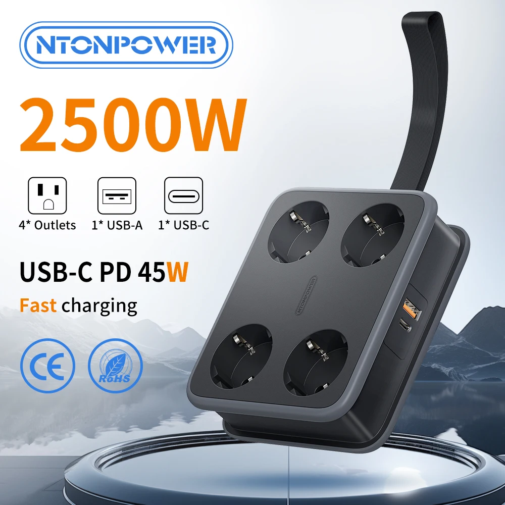 

4-Outlet Power Strip with USB-A & USB-C PD45W Fast Charge 2500W 1.6m Extension Cord for Wall Sockets Spain European Plug Adapter