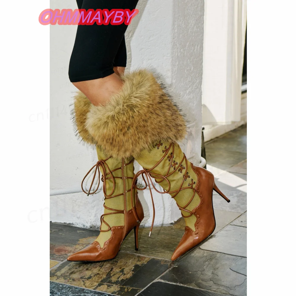Women Brown Khaki Knee High Boots Pointed Toe Stiletto Heels Fluffy Cuff Lace Up Wrap Ties Contrast Panels Winter Party Shoes 46