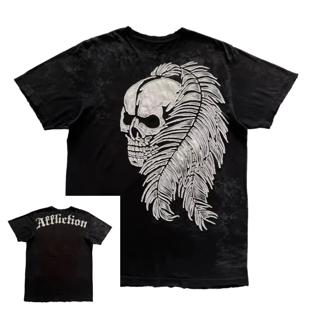

Summer retro T-shirt gothic skull print Harajuku street wear crew neck pure cotton trend unisex top fashion top comfortable