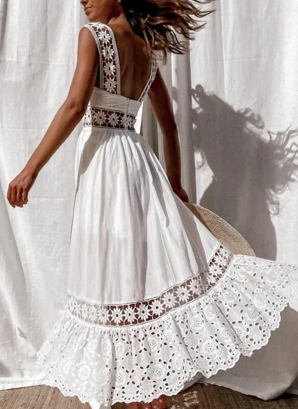 Women\'s Dress White Hollow Out Cotton Sundress Lace Sleeveless Long Splicing Summer Party Elegant Evening Woman Clothing