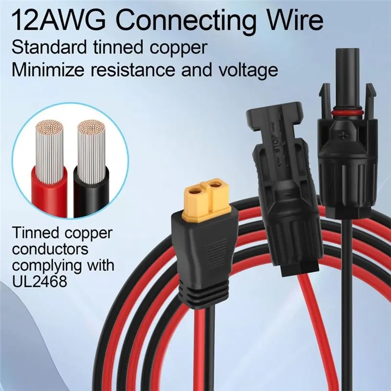 AA60-For Portable Power Station, RV Camping Off-Grid Solar Panel 2PCS Solar To XT60 Female Adapter Cable 12AWG Connector