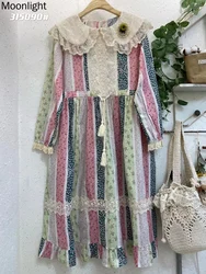 Embroidery Floral Colorful Patchwork Dress Vintage Boho Peter Pan Collar Long Sleeve Dress Japan Mori Girl Cotton Linen Vestidos