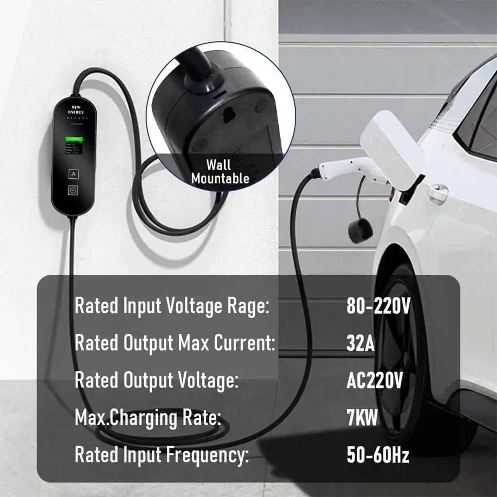 Protable Type 2 EV Charger EV Charger TPU Cable With LCD Display With 3PIN Industrial Plug