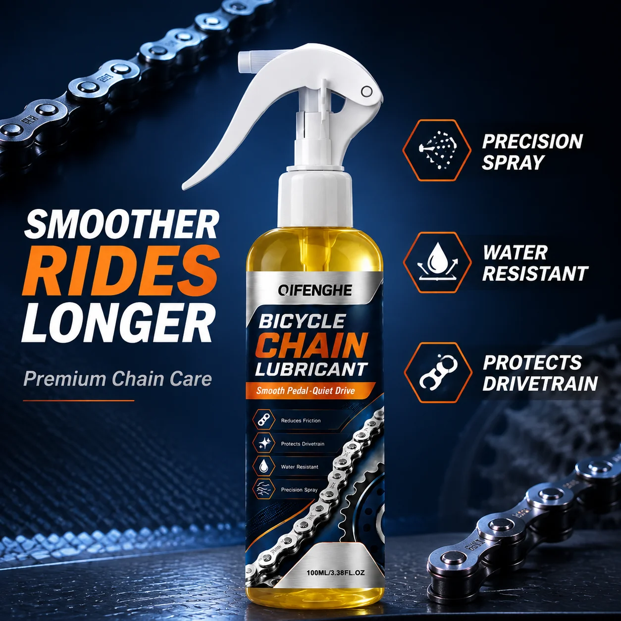 QIFENGHE Bicycle Chain Lubricant Spray 100ml, Reduces Friction Quiet Drive, Waterproof Bike Chain Lube for Mountain Road Bicycle