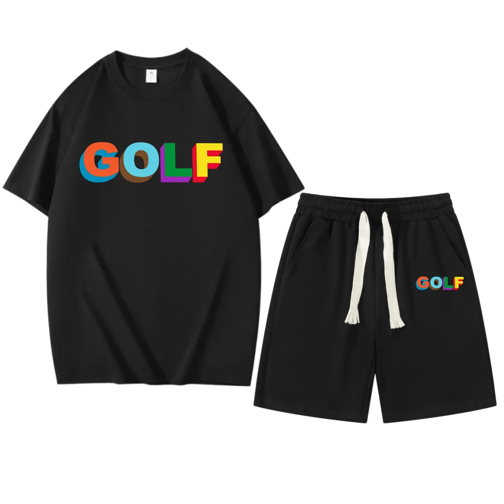 Fashion Men's Summer Cotton T-Shirt and Shorts Set Colorful Letter Print GOLF Outfit Soft Breathable Casual Two Piece Clothing