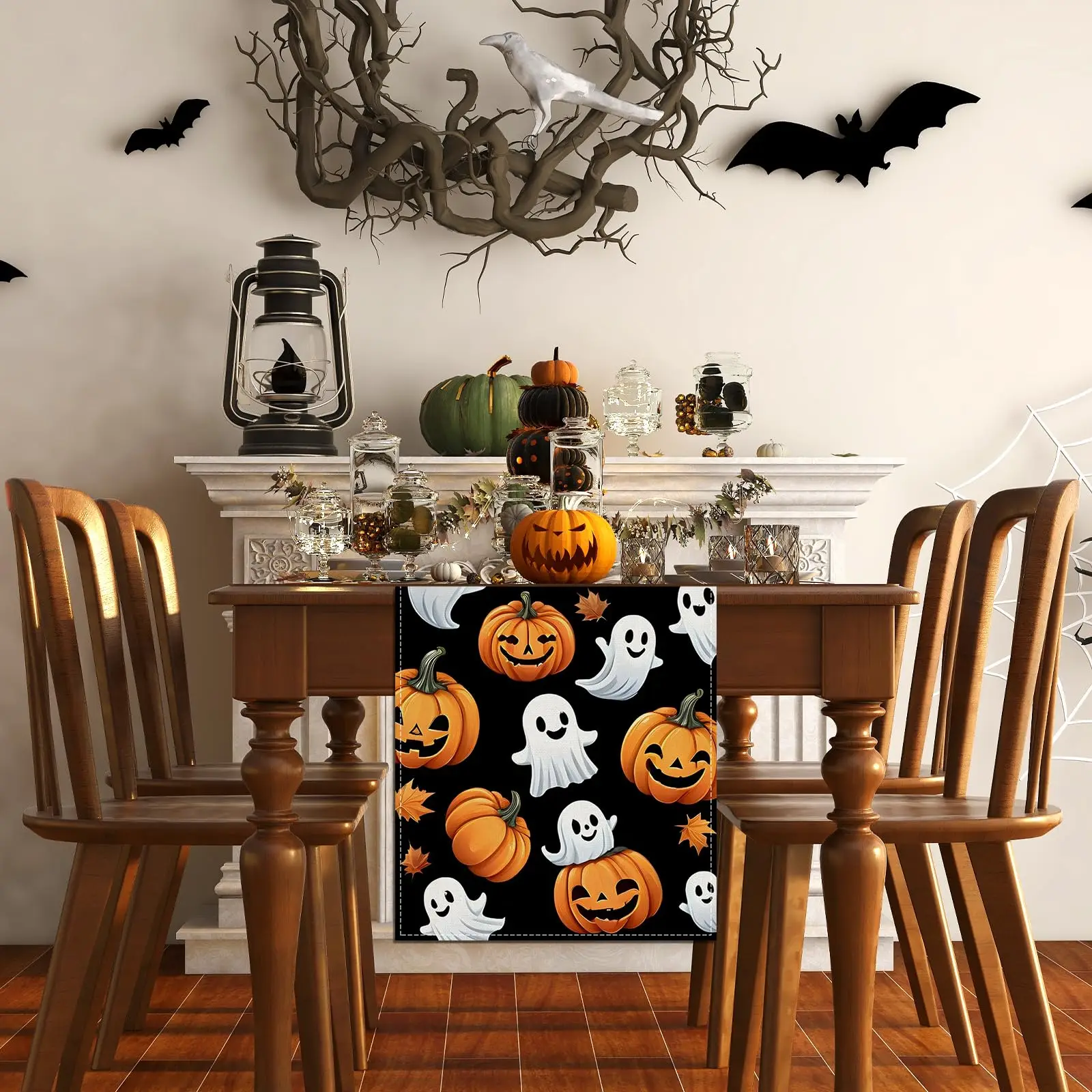 Halloween Table Runner 2D Flat Print Cartoon Ghosts and Pumpkins Brings Spring Vitality&Festive Joy to Home Decor