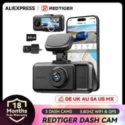 REDTIGER A6 3 Cameras Front/Cabin/Rear Cam 4K Dash Cam Built-in 5.8Ghz WiFi GPS Car DVR Night Vision Parking Monitor 3 Cameras