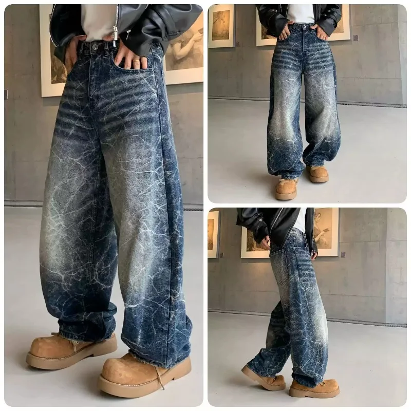 Unisex Vintage Crack Lightning Print Baggy Jeans High Waist Curved Banana Wide Leg Loose Oversized Streetwear Denim Trousers
