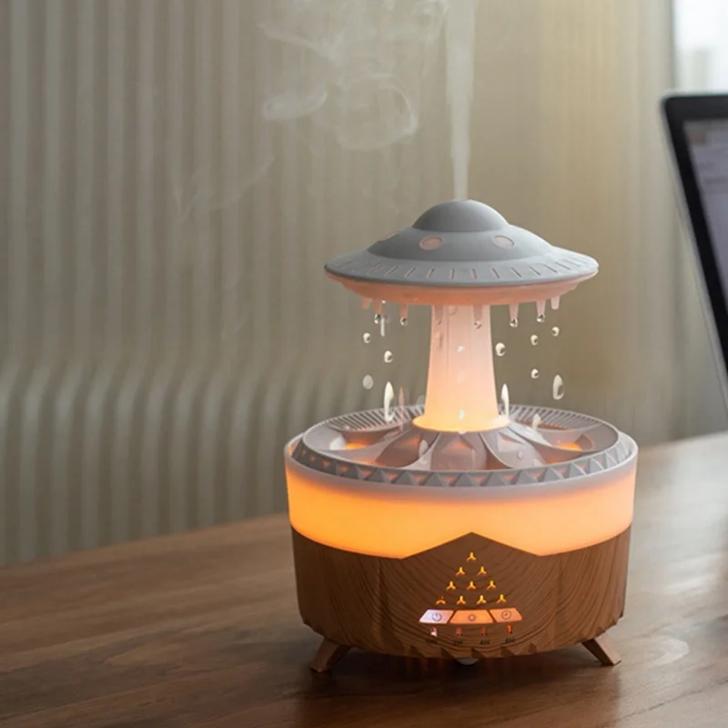 UFO Rain Cloud Humidifier Colorful Light Cute Wood Grain Water Drip Essential Oil Diffuser With Remote Control For Bedside