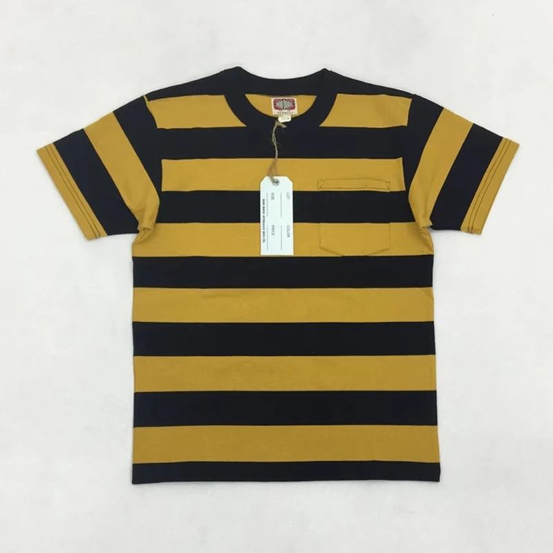 Bob Dong Mens 5cm Stripes Pocket Tee Shirt 330g Motorcycle Rider T-Shirts Prison Tops