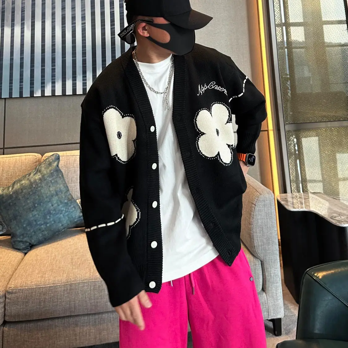 Cardigan de malha outono e inverno solto design casual nicho retro flor emenda camisola elegante jaqueta casual