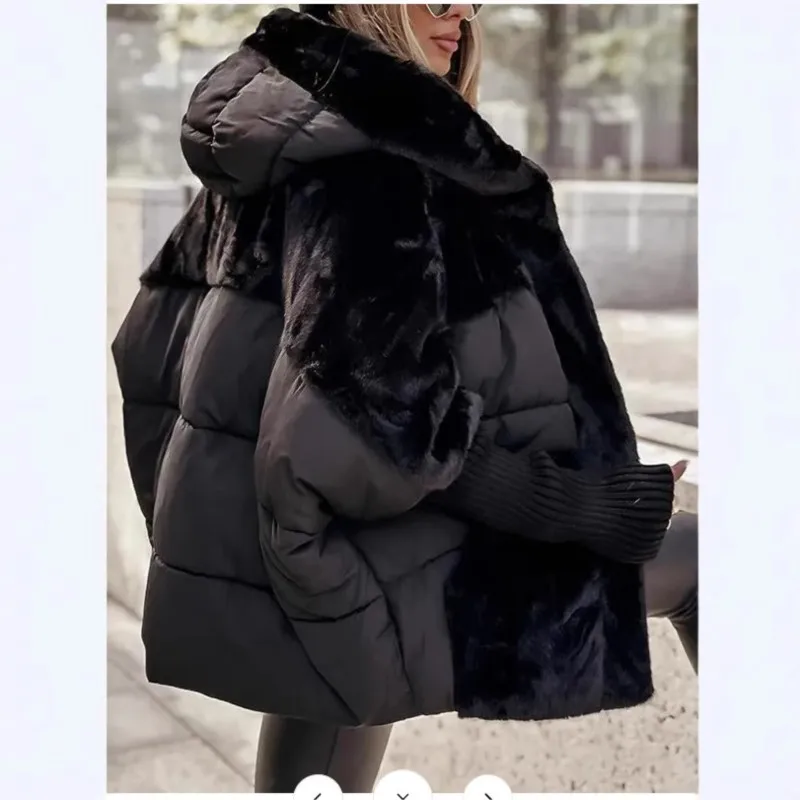 Comfort Chic Women Hooded Outerwear 2025 Winter Patchwork Warm Cotton Coat 2025 New Padded Jacket Cardigan Oversize Parka Coat
