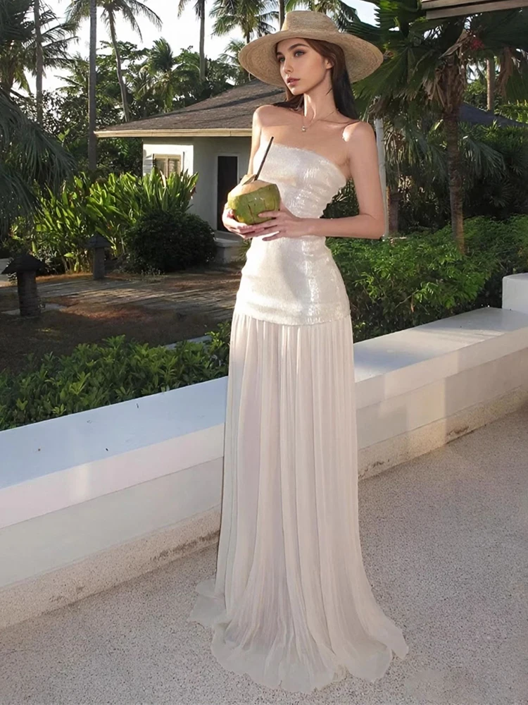 

Sequins Strapless Women Long Dress Summer Beach Off Shoulder Vacation Sexy Dress French Fashion Elegant Dinner Night Vestidos