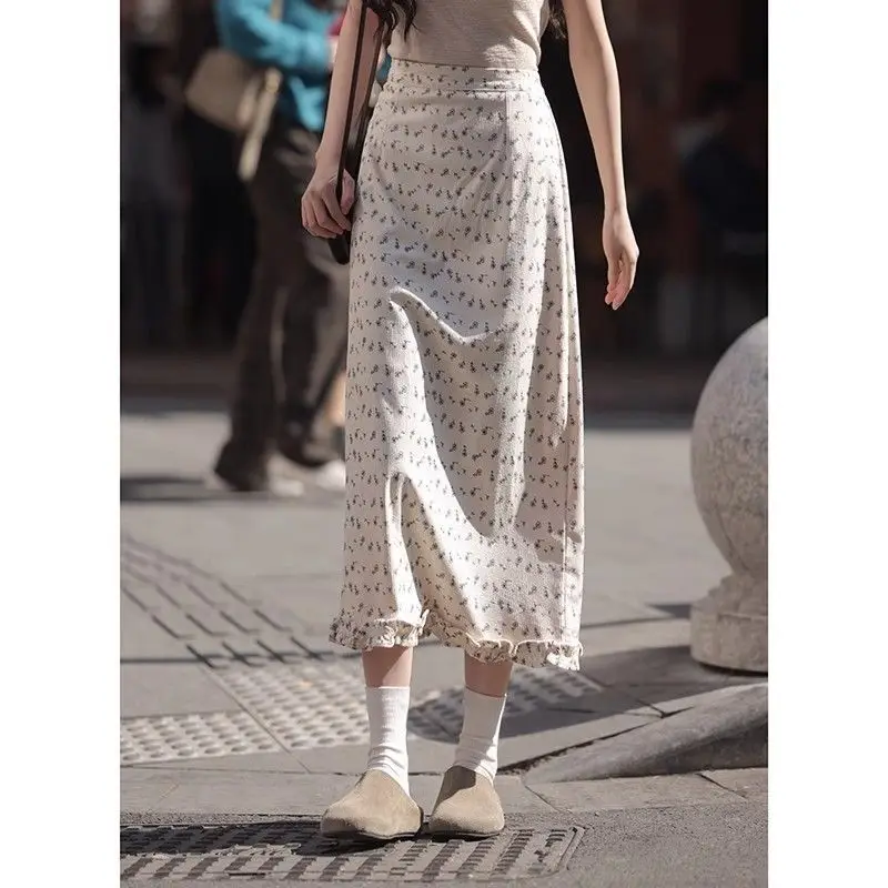 Zoete en frisse bloemenrok Dames zomer 2025, hoge taille temperament split lange rok