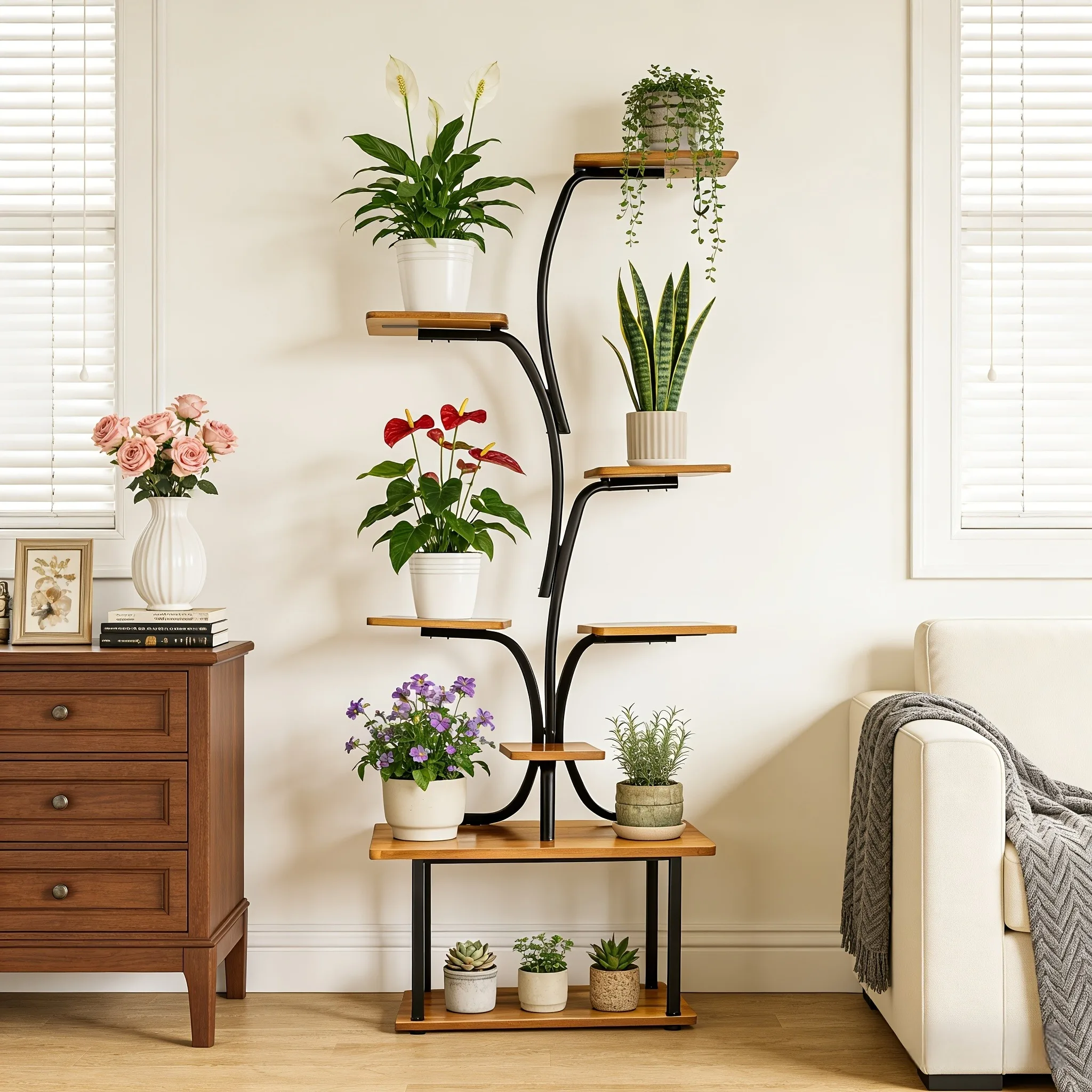 8-Tiered Indoor Plant Stand Metal Tree-Shaped Corner Shelves with Thickened Wooden Boards for Multiple Plants Flower Display for Balcony Patio Living Room Entrance Decoration