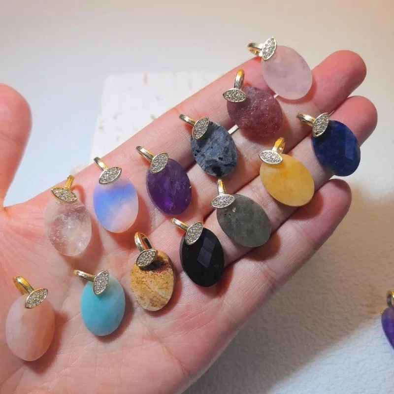 6PCS Elegant Oval Zircon Bail Faceted Stone Pendants White Crystal Amazonite Amethysts Lapis Stone Charms for Jewelry Making