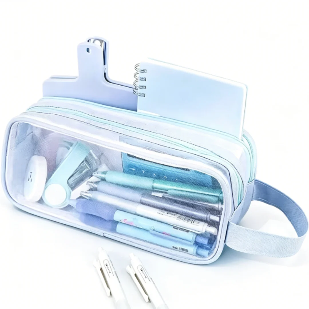Large Capacity Double Layer Transparent Mesh High Aesthetic Value Pen Bag Universal Stationery Box Portable Storage Bag for Exam