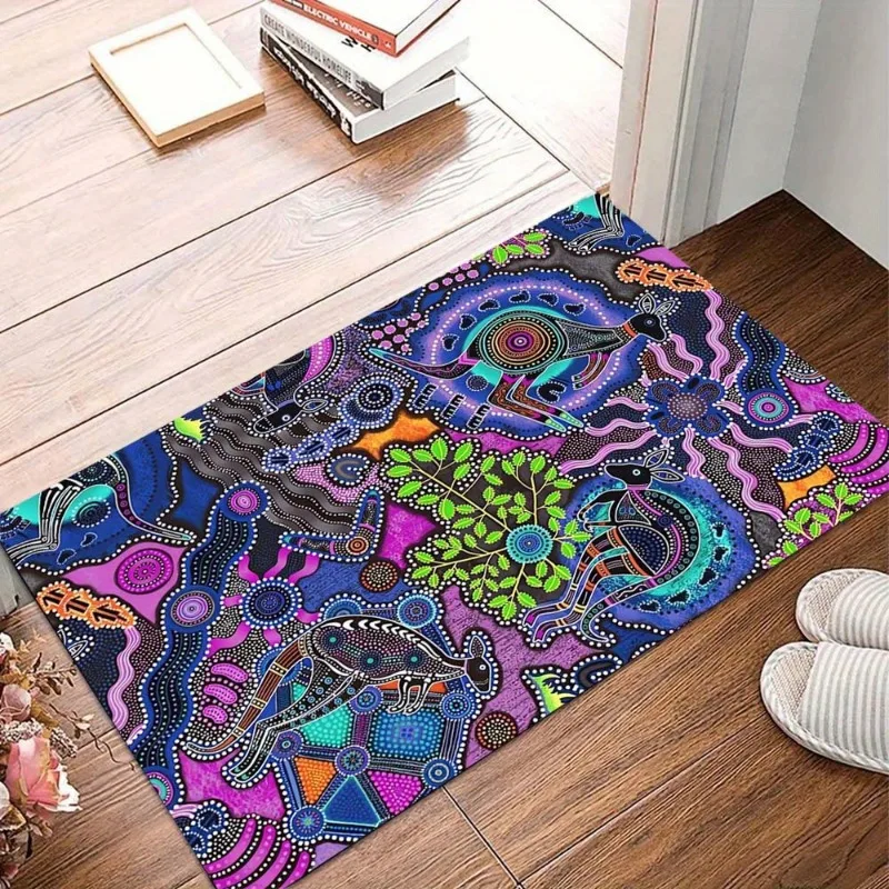VIKAMA Australian Tribal Kangaroo Entry Mat Vibrant Ethnic Dot Pattern Print Non‑Slip Washable Soft Floor Rug for Indoor Home