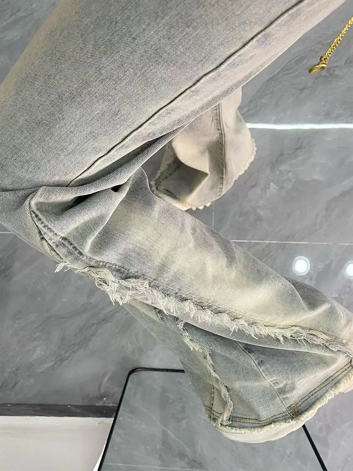 ارتفاع الخصر السراويل الزرقاء خمر النساء الأمريكية الرجعية 90s المواد الخام حافة تصميم Y2k الدنيم السراويل الشارع الشهير واسعة الساق السراويل