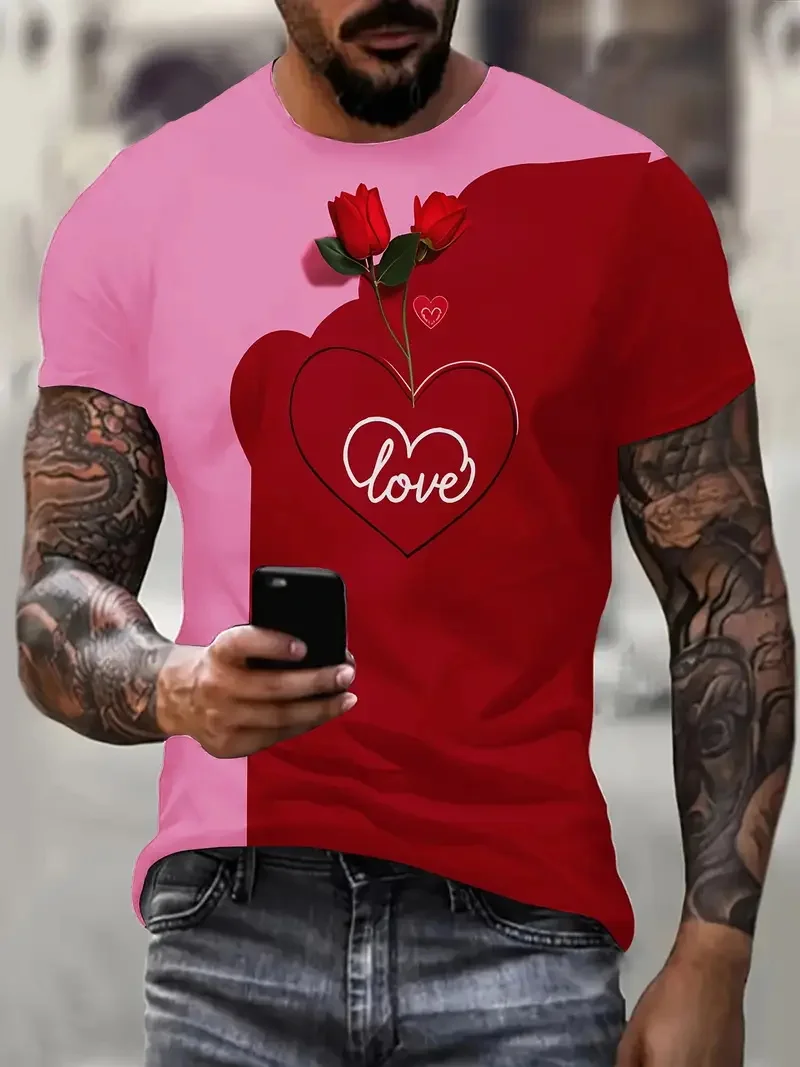 Men'S Valentine'S Day Gnome & Heart Balloons Print T-Shirt Fashion Crew Neck Short Sleeve Tshirts For Men Gift For Boyfriend