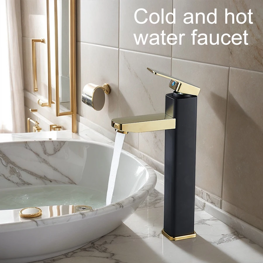 

1 комплект квадратных черно-золотых смесителей для раковины из нержавеющей стали для горячей и холодной воды, высота 29 см/11,42 дюйма, сенсорная раковина для ванной комнаты, раковина, высокая модель с простым современным дизайном для мытья в ванной комна