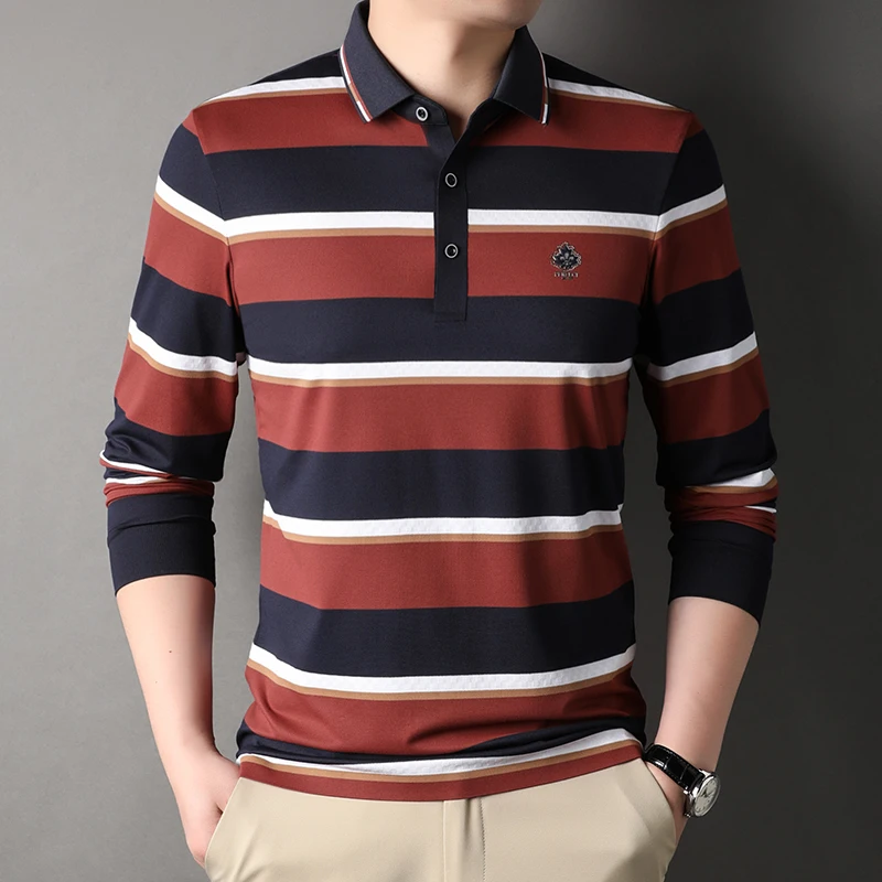 new Spring Autumn Striped Men's Polo Shirts High Elasticity Long Sleeve Business Casual Simple Male T-shirts Fashion Man Tees