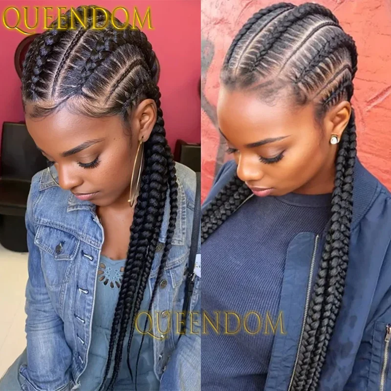 Full Lace Synthetic Braids Wig 36 Inch Knotless Jumbo Crochet Box Braided Wig Dutch Twins Cornrow Plait Braid Wig For Afro Women