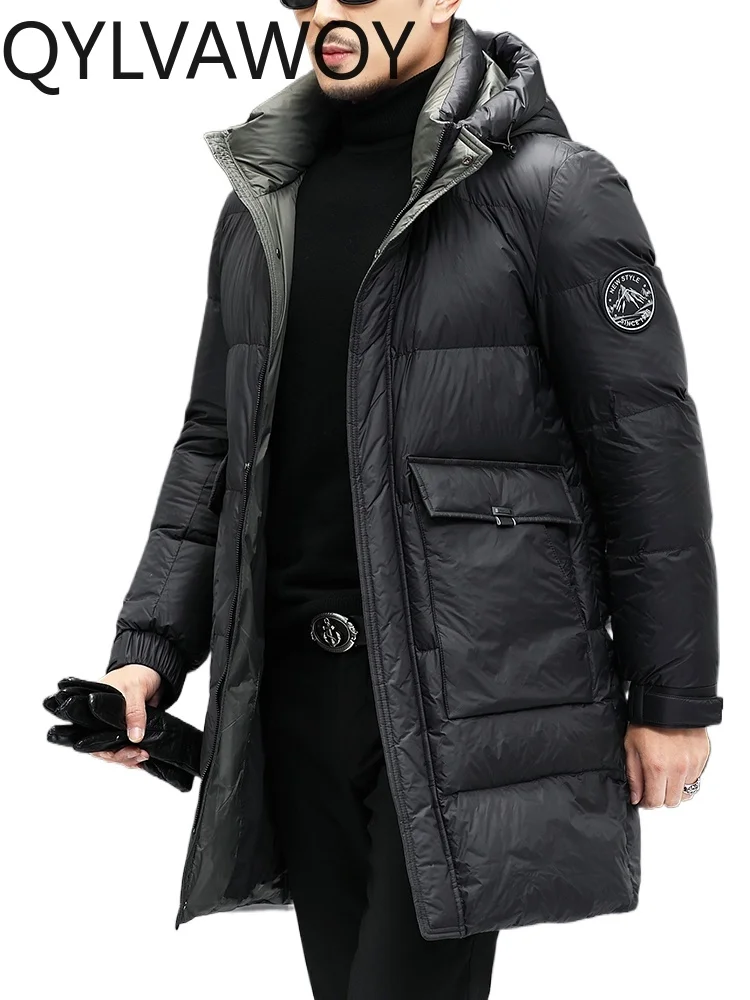 QYLVAWOY 100% POLYAMIDE Men's Winter Middle-Aged Casual Fashion Mid-Length Hooded Down Jacket Dad's Outfit Warm Outerwear LJ2155