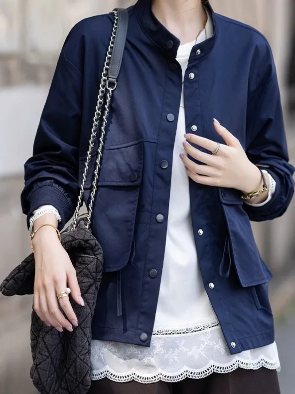 

Винтажное повседневное классическое пальто с воротником-стойкой на одной пуговице для женщин, весна-осень, дизайнерское, практичное, в стиле ретро, из хлопка