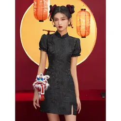 Black cheongsam 2024 new summer young French girl dress national fashion small short temperament  cheongsam dress modern 2024