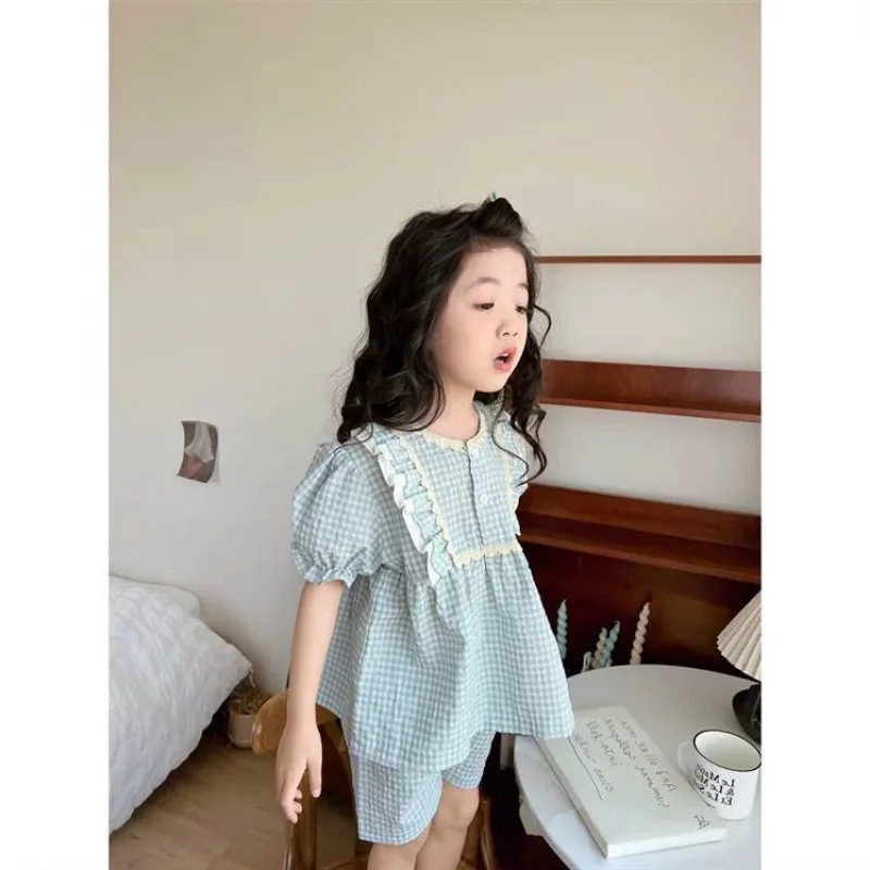 Children Pajamas Set Summer Korean Girls Cotton Plaid Short Sleeve Two Piece Suit Girls\' Homewear Clothes