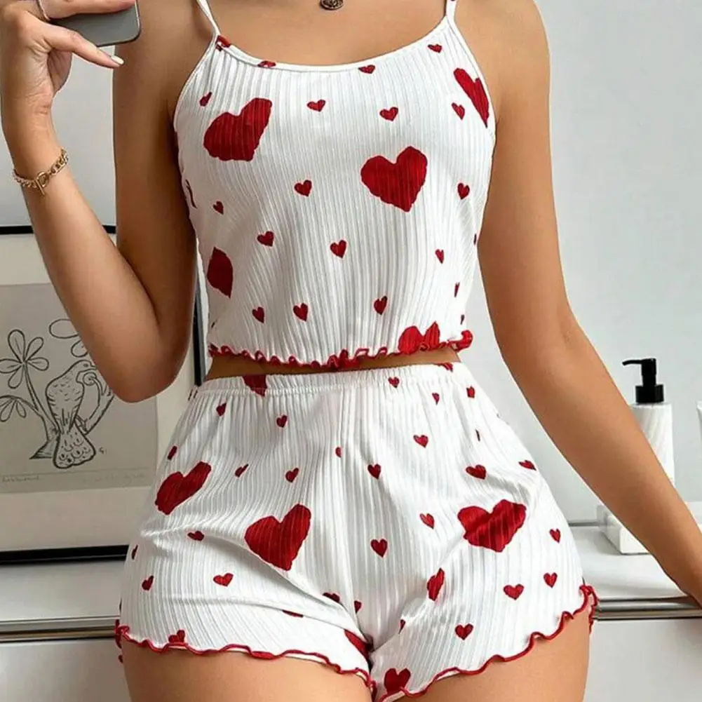 Heart Print 2 Pieces Pajama Set for Women Sleepwear Round Neck Backless Comfortable Crop Cami Top & Shorts, Summer Loungewear 