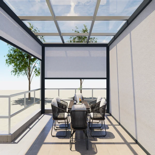 Anpassbare motorisierte Aluminiumarm-Rollos für den Innen- und Außenbereich, einfache integrierte elektrische Farbtöne, Fensterläden, Zip-Track-Verdunkelung