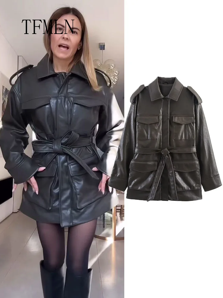 

TFMLN повседневные куртки из искусственной кожи для женщин, винтажные шикарные карманы, свободный ремень с длинными рукавами, уличная верхняя одежда 2025, осень-зима