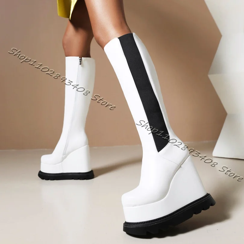 Botas de Caballero de empalme de plataforma blanca para Mujer, zapatos de cuña con cremallera lateral, tacones de punta redonda, diseño de moda, Primavera