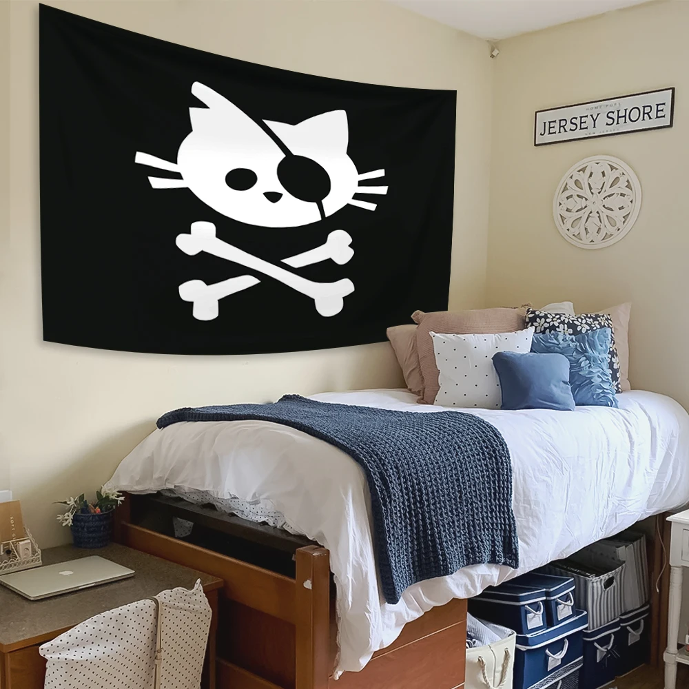 90x150cm Pirate Cat Flag Skull Banner Funny Meme Flag Abstract Cartoon Art Design Tapestry Color Wall Hanging Flag For Bedroom