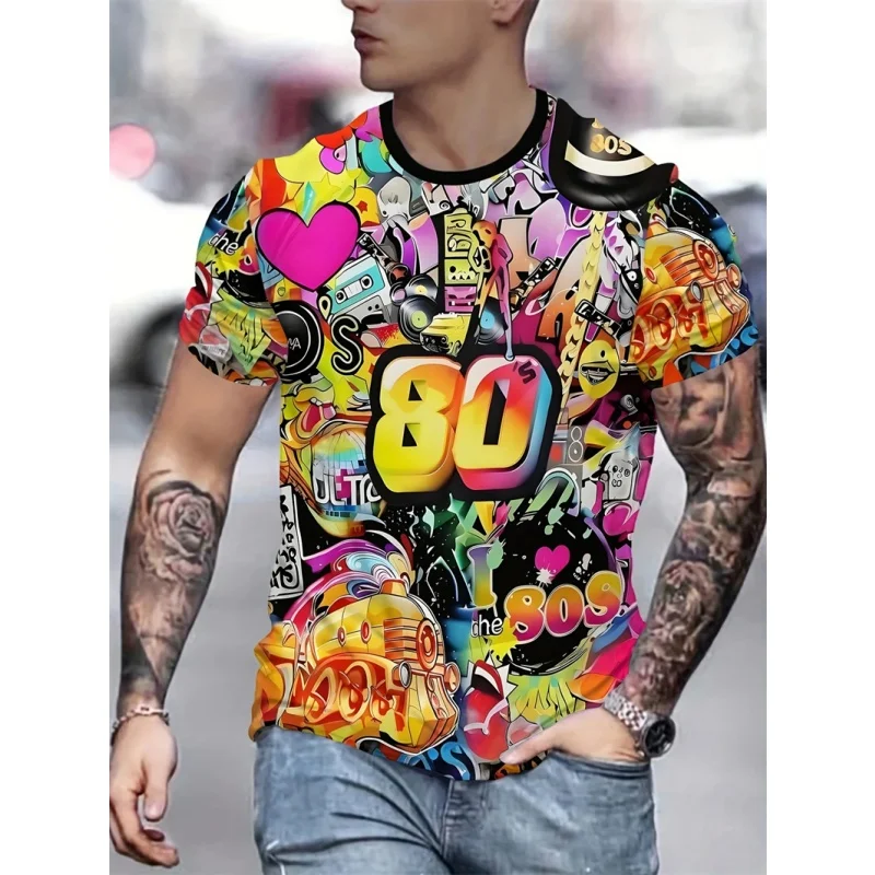 Retro 80s 3D Printed T-shirt For Men Fun Colorful Graphic Short-sleeved Tees Summer Fashion Round Neck Tops Street T Shirts